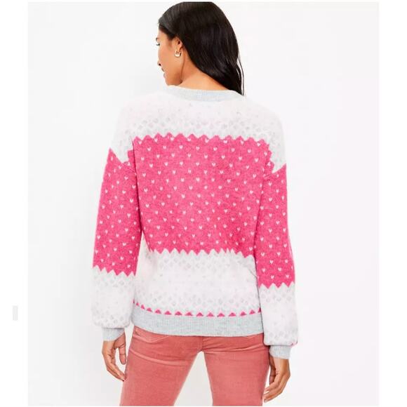 NWT LOFT Fuchsia Pink & Grey Snowflake Fair Isle Crewneck Sweater - SIZE M - Picture 9 of 9